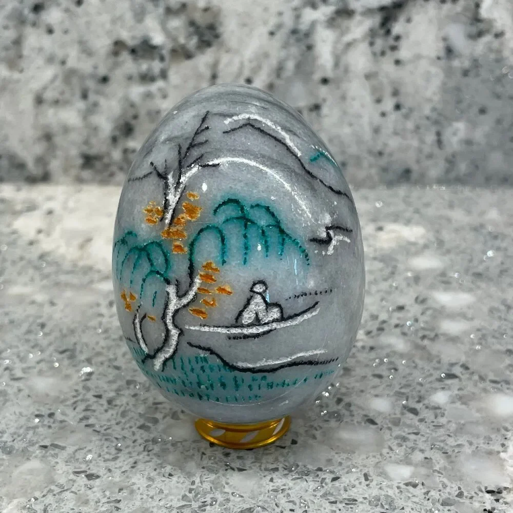 Hand Painted Marble Egg Stone Figurine Asian Landscape Art Decor